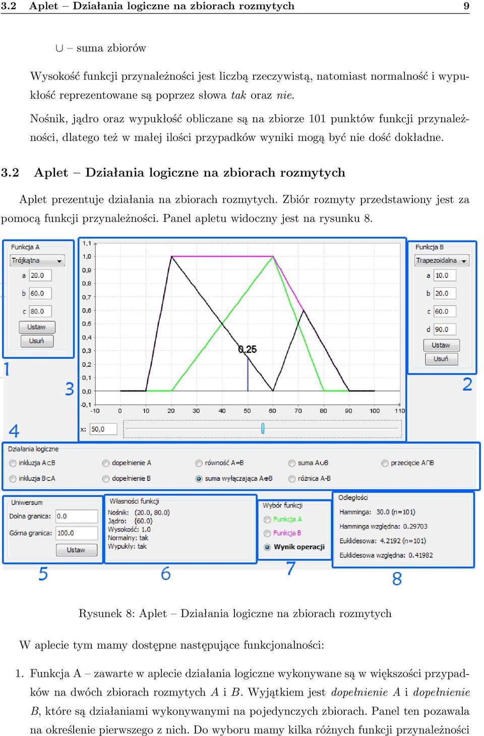 2 Aplet Działania logiczne na zbiorach rozmytych Aplet prezentuje działania na zbiorach rozmytych. Zbiór rozmyty przedstawiony jest za pomocą funkcji przynależności.
