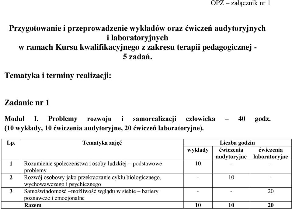 (10 wykłady, 10, 20 ćwiczeń ).