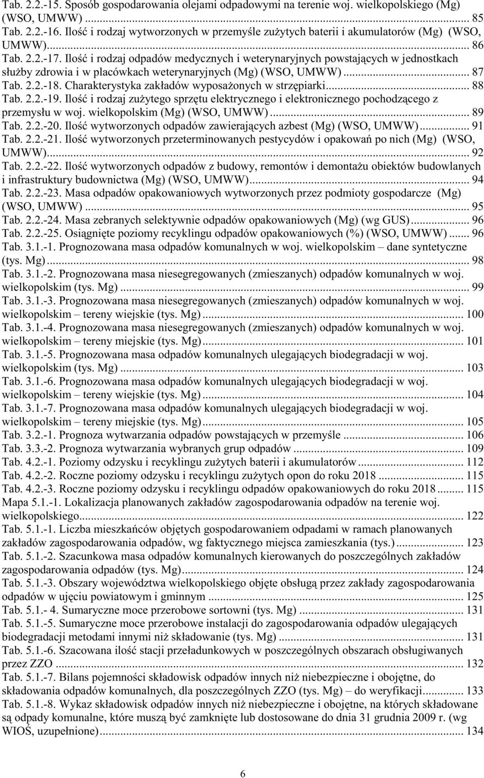 Ilo i rodzaj odpadów medycznych i weterynaryjnych powstaj cych w jednostkach słu by zdrowia i w placówkach weterynaryjnych (Mg) (WSO, UMWW)... 87 Tab. 2.2.-18.