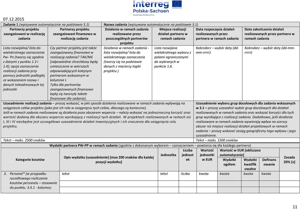 Miejsce realizacji działań partnera w ramach zadania Data rozpoczęcia działań realizowanych przez partnera w ramach zadania Lista rozwijalna/ lista do wielokrotnego zaznaczenia Pw- Pn (tworzy się