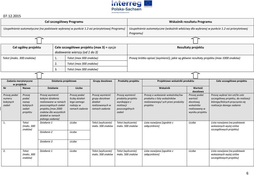 2 osi priorytetowej Programu} Cel ogólny projektu Cele szczegółowe projektu (max 3) = opcja dodawania wierszy (od 1 do 3) Rezultaty projektu Tekst (maks. 300 znaków) 1.