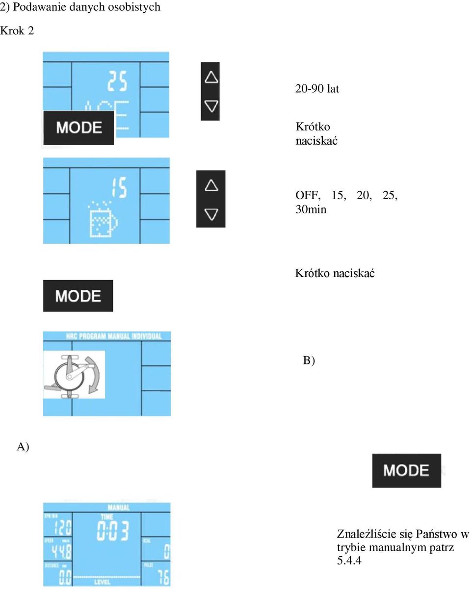 25, 30min Krótko naciskać B) A)
