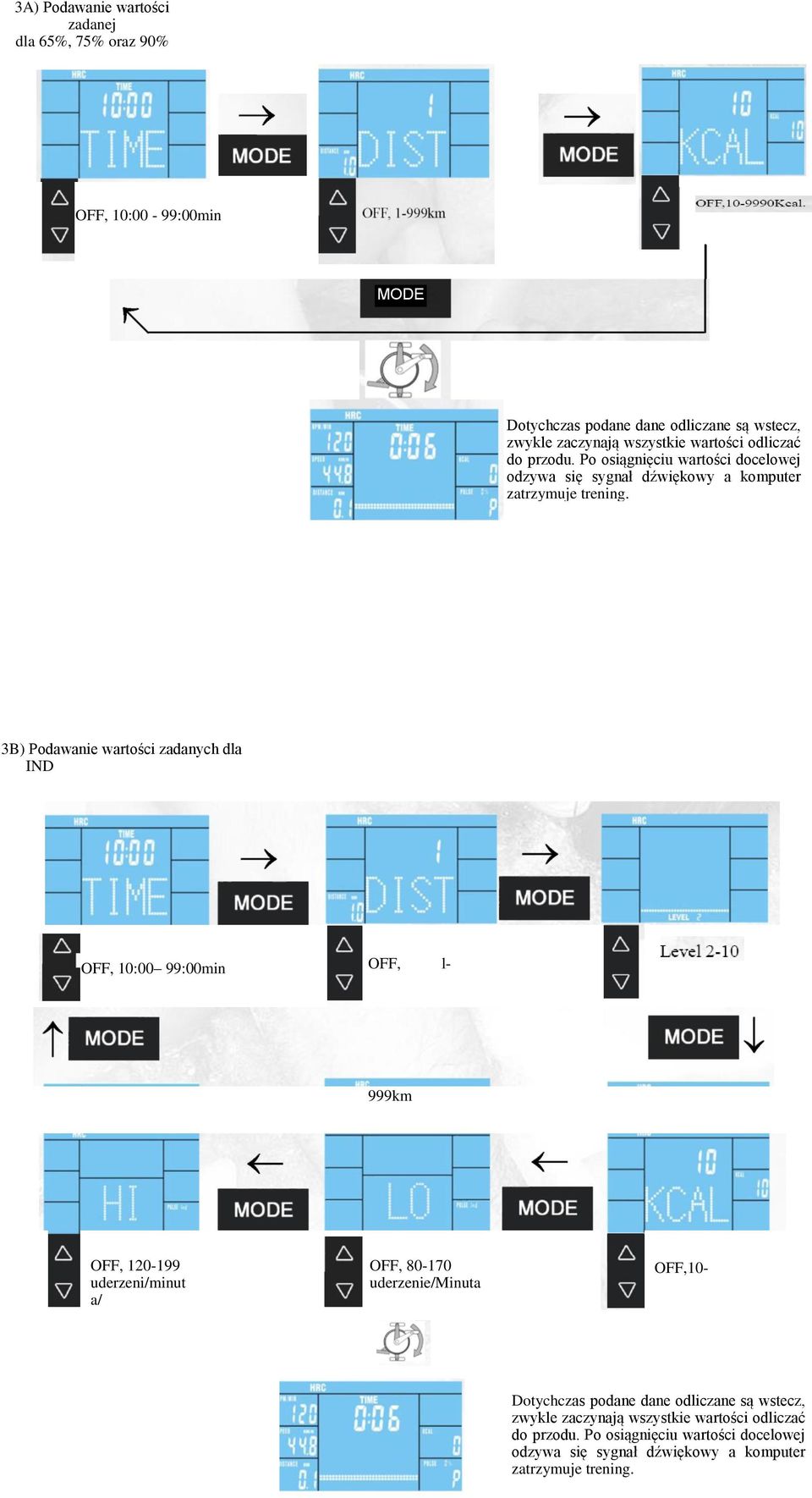 3B) Podawanie wartości zadanych dla IND OFF, 10:00 99:00min OFF, l- 999km OFF, 120-199 uderzeni/minut a/ OFF, 80-170 uderzenie/minuta OFF,10-9990Kcal.