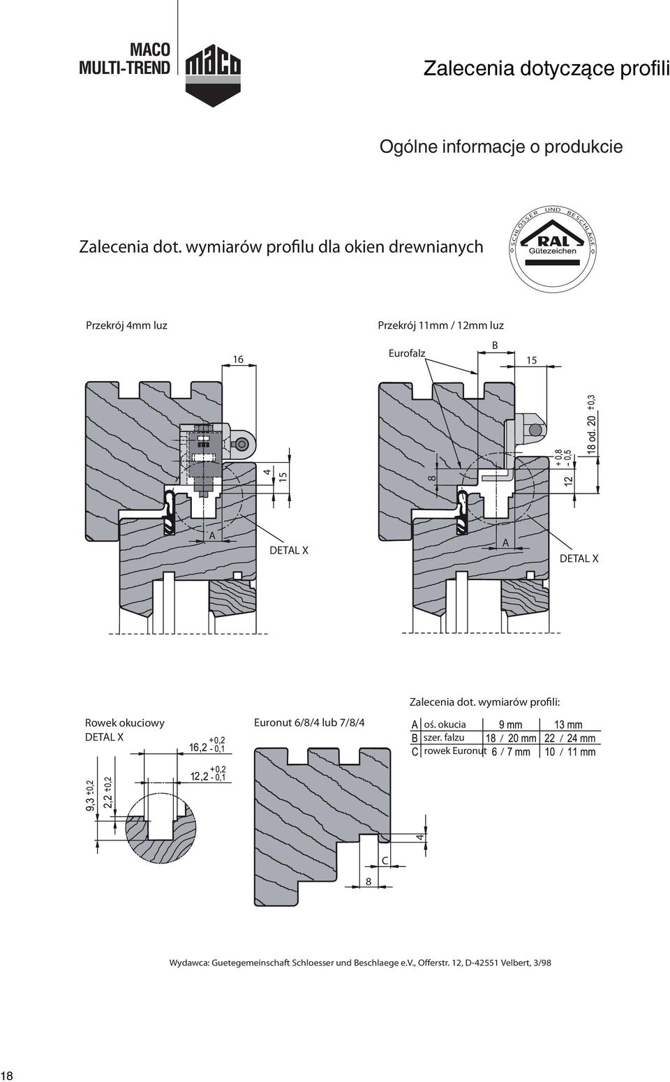 Eurofalz B 15 4 15 A A 4 8 DETAL X DETAL X Rowek okuciowy Euronut 6/8/4 lub 7/8/4 DETAL X Zalecenia dot.