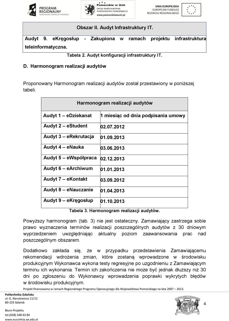 Harmonogram realizacji audytów Audyt 1 edziekanat 1 miesiąc od dnia podpisania umowy Audyt 2 estudent 02.07.2012 Audyt 3 erekrutacja 01.09.2013 Audyt 4 enauka 03.06.2013 Audyt 5 ewspółpraca 02.12.2013 Audyt 6 earchiwum 01.