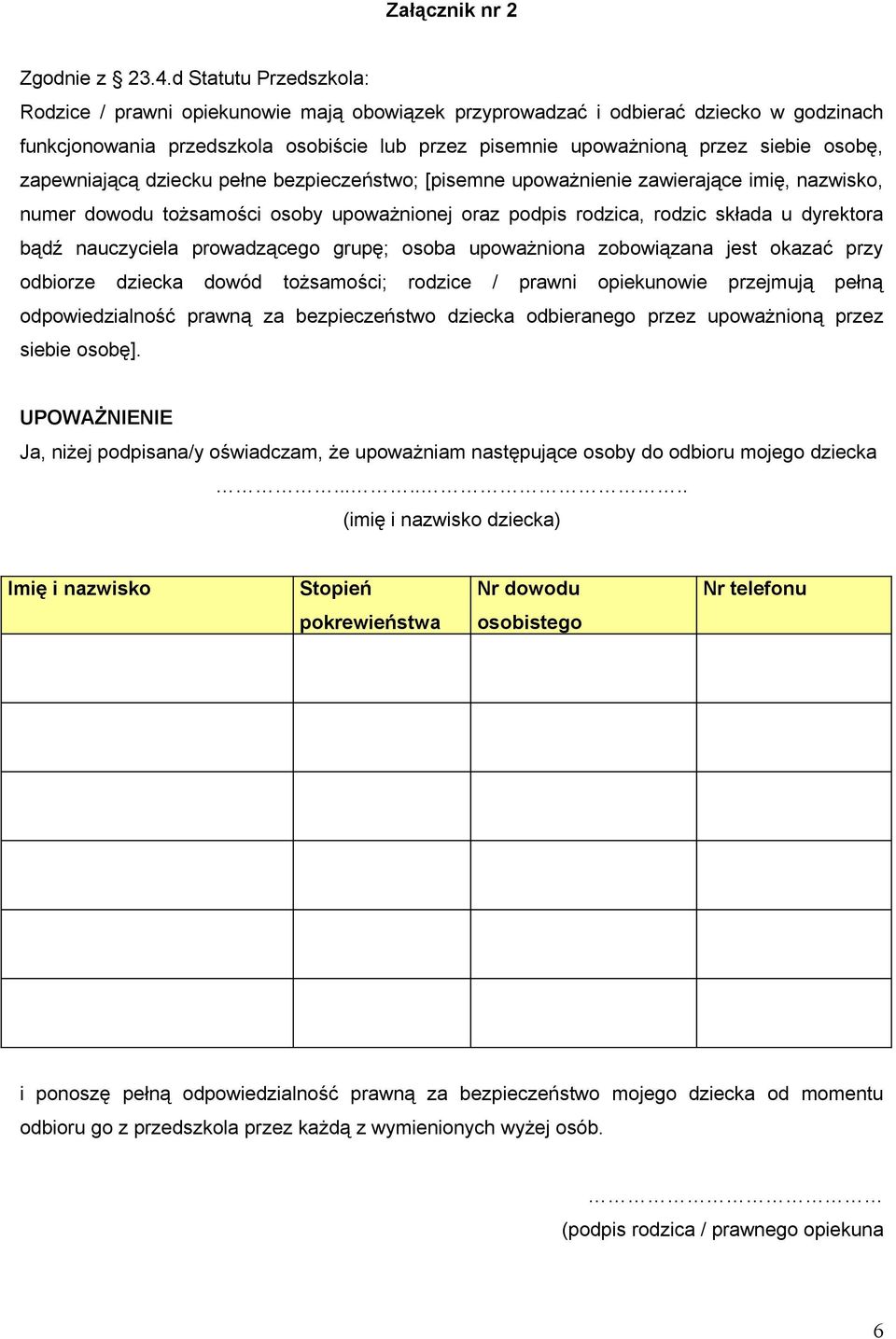 zapewniającą dziecku pełne bezpieczeństwo; [pisemne upoważnienie zawierające imię, nazwisko, numer dowodu tożsamości osoby upoważnionej oraz podpis rodzica, rodzic składa u dyrektora bądź nauczyciela