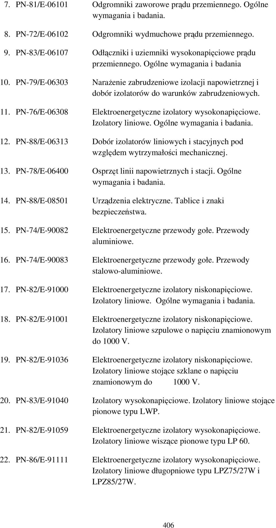 PN-79/E-06303 NaraŜenie zabrudzeniowe izolacji napowietrznej i dobór izolatorów do warunków zabrudzeniowych. 11. PN-76/E-06308 Elektroenergetyczne izolatory wysokonapięciowe. Izolatory liniowe.