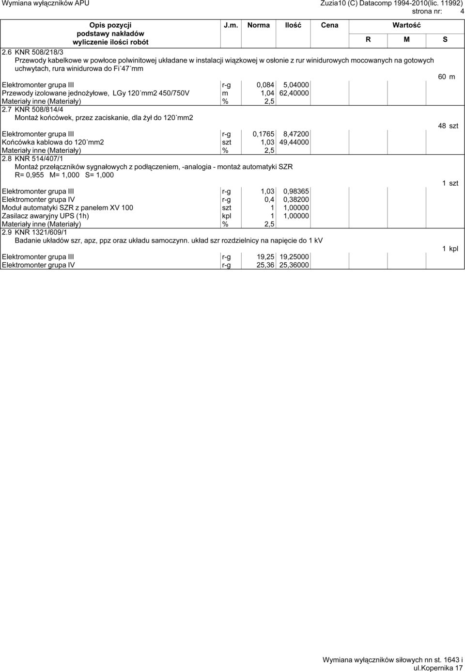 grupa III r-g 0,084 5,04000 Przewody izolowane jednożyłowe, LGy 120 mm2 450/750V m 1,04 62,40000 2.