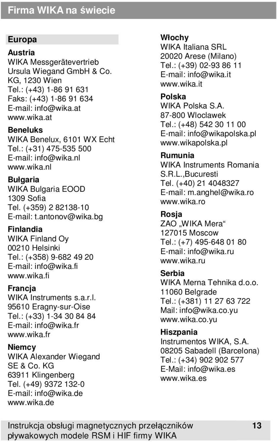 bg Finlandia WIKA Finland Oy 00210 Helsinki Tel.: (+358) 9-682 49 20 E-mail: info@wika.fi www.wika.fi Francja WIKA Instruments s.a.r.l. 95610 Eragny-sur-Oise Tel.