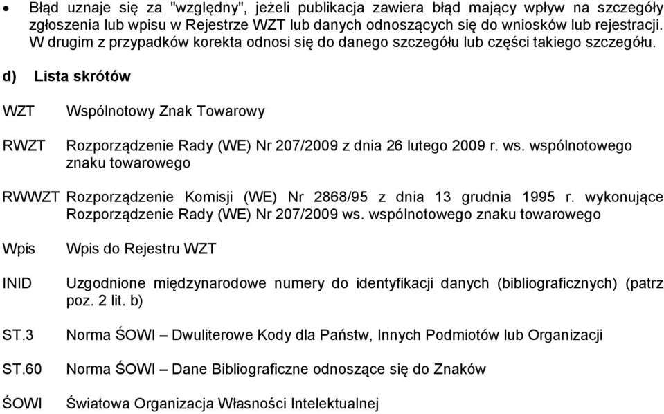 d) Lista skrótów WZT RWZT Wspólnotowy Znak Towarowy Rozporządzenie Rady (WE) Nr 207/2009 z dnia 26 lutego 2009 r. ws.