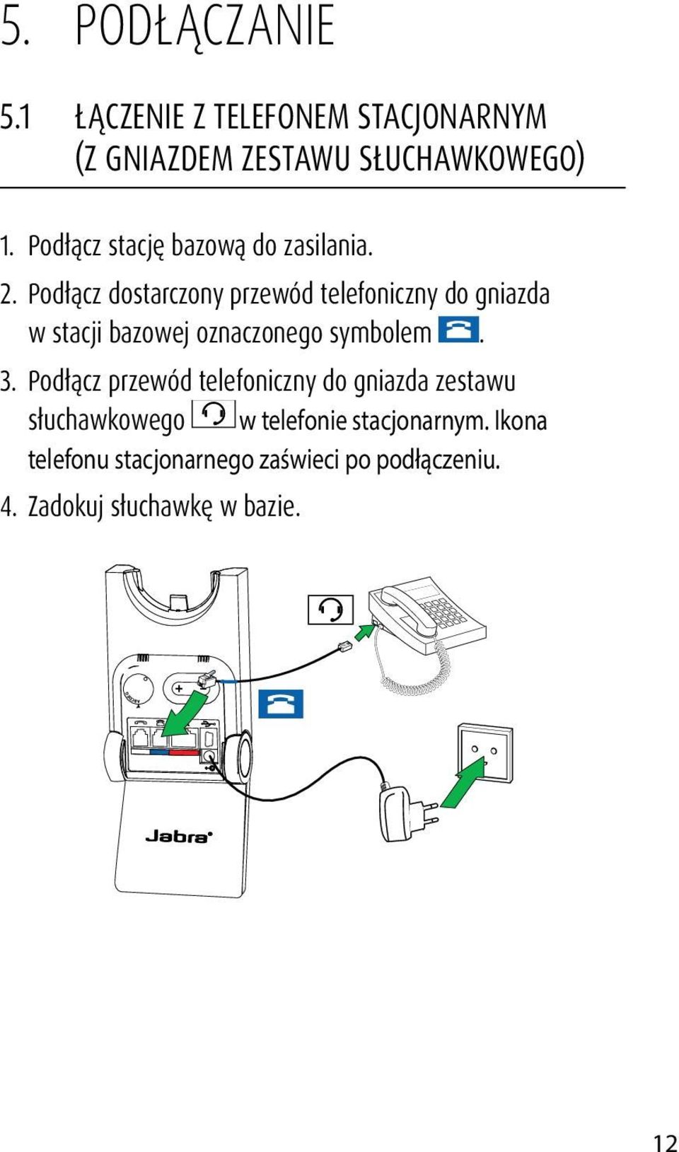 Podłącz dostarczony przewód telefoniczny do gniazda w stacji bazowej oznaczonego symbolem. 3.