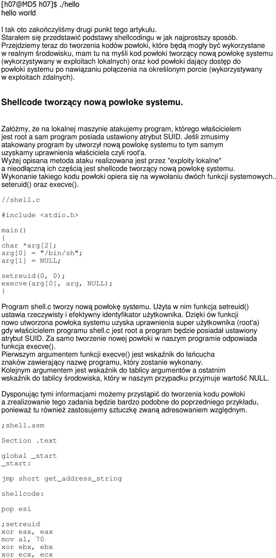 oraz kod powłoki dający dostęp do powłoki systemu po nawiązaniu połączenia na określonym porcie (wykorzystywany w exploitach zdalnych). Shellcode tworzący nową powłoke systemu.