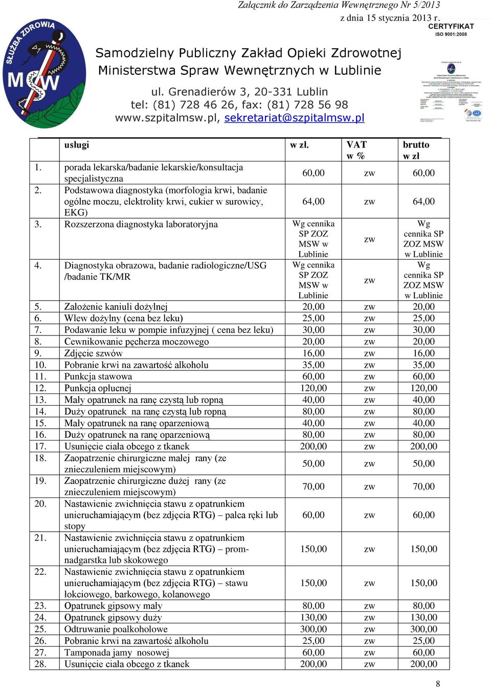 Rozszerzona diagnostyka laboratoryjna Wg cennika Wg SP ZOZ cennika SP zw MSW w ZOZ MSW w 4.