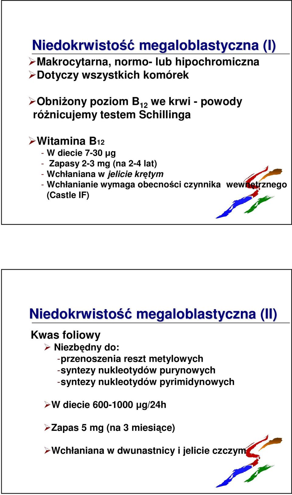 obecności czynnika wewnętrznego (Castle IF) Niedokrwistość megaloblastyczna (II) Kwas foliowy Niezbędny do: -przenoszenia reszt metylowych