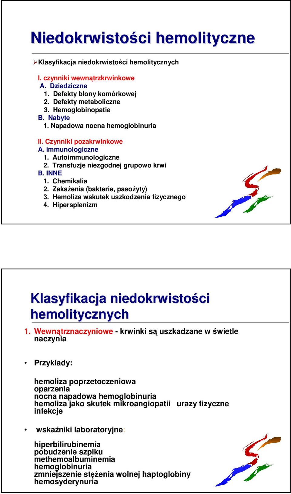ZakaŜenia (bakterie, pasoŝyty) 3. Hemoliza wskutek uszkodzenia fizycznego 4. Hipersplenizm Klasyfikacja niedokrwistości hemolitycznych 1.