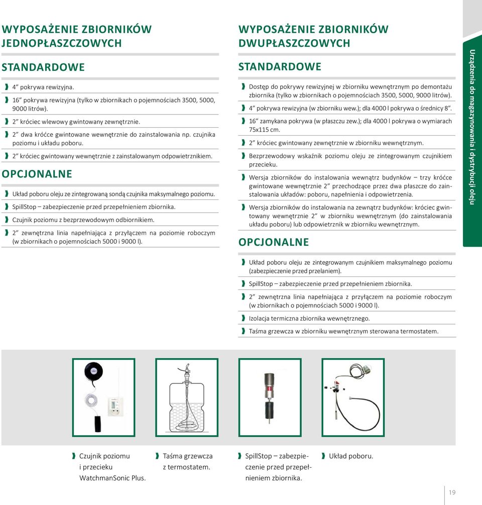 OPCJONALNE Układ poboru oleju ze zintegrowaną sondą czujnika maksymalnego poziomu. SpillStop zabezpieczenie przed przepełnieniem zbiornika. Czujnik poziomu z bezprzewodowym odbiornikiem.