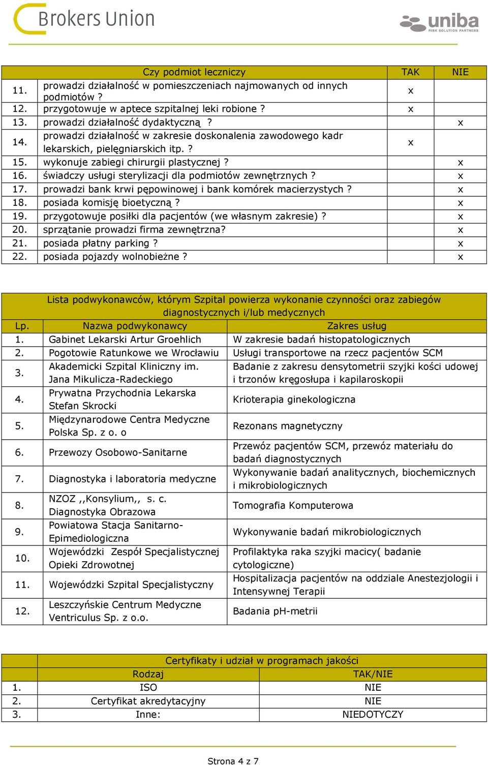 17. prowadzi bank krwi pępowinowej i bank komórek macierzystych? 18. posiada komisję bioetyczną? 19. przygotowuje posiłki dla pacjentów (we własnym zakresie)? 20. sprzątanie prowadzi firma zewnętrzna?