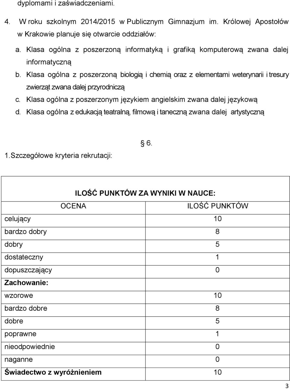 Klasa ogólna z poszerzoną biologią i chemią oraz z elementami weterynarii i tresury zwierząt zwana dalej przyrodniczą c. Klasa ogólna z poszerzonym językiem angielskim zwana dalej językową d.