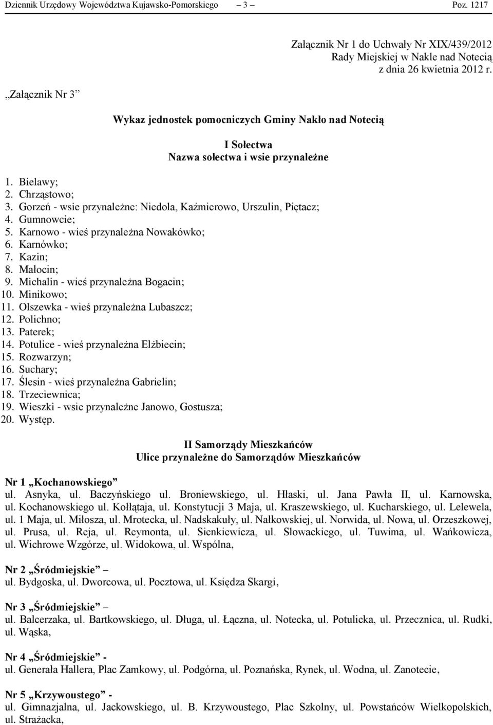 Michalin - wieś przynależna Bogacin; 10. Minikowo; 11. Olszewka - wieś przynależna Lubaszcz; 12. Polichno; 13. Paterek; 14. Potulice - wieś przynależna Elżbiecin; 15. Rozwarzyn; 16. Suchary; 17.