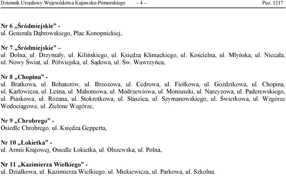 Fiołkowa, ul. Goździkowa, ul. Chopina, ul. Karłowicza, ul. Leśna, ul. Mahoniowa, ul. Modrzewiowa, ul. Moniuszki, ul. Narcyzowa, ul. Paderewskiego, ul. Piaskowa, ul. Różana, ul. Stokrotkowa, ul.