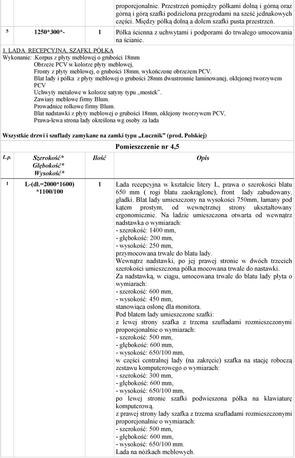 Korpus z płyty meblowej o grubości 18mm Fronty z płyty meblowej, o grubości 18mm, wykończone obrzeżem PCV.