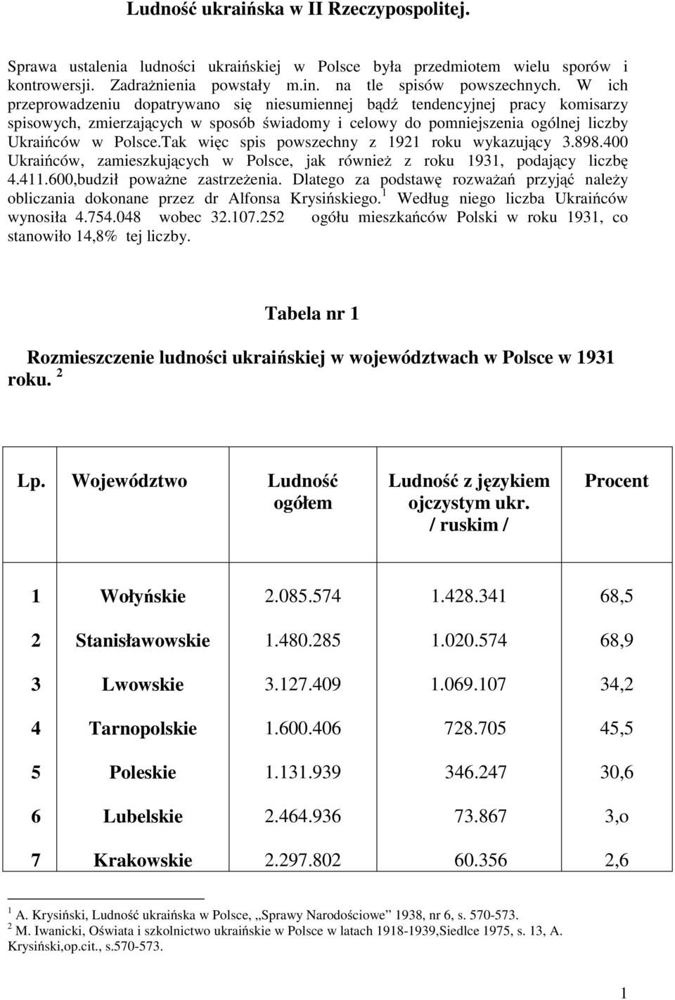 Tak więc spis powszechny z 1921 roku wykazujący 3.898.400 Ukraińców, zamieszkujących w Polsce, jak również z roku 1931, podający liczbę 4.411.600,budził poważne zastrzeżenia.
