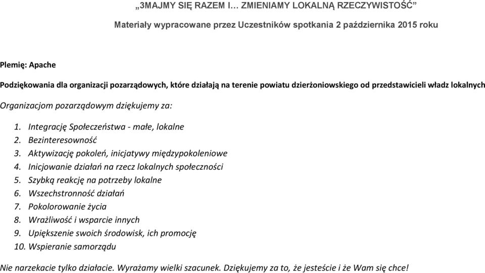 Aktywizację pokoleń, inicjatywy międzypokoleniowe 4. Inicjowanie działań na rzecz lokalnych społeczności 5. Szybką reakcję na potrzeby lokalne 6. Wszechstronność działań 7. Pokolorowanie życia 8.