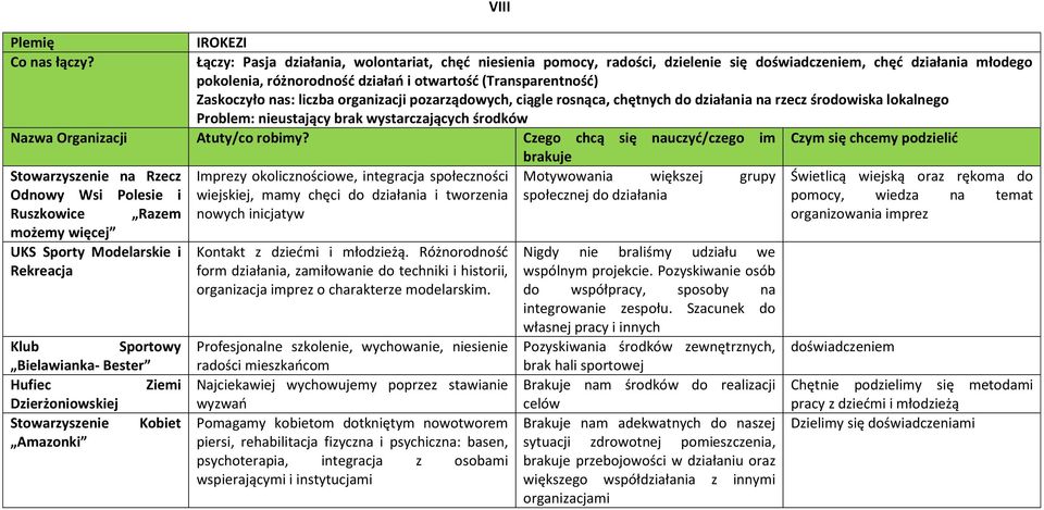 Zaskoczyło nas: liczba organizacji pozarządowych, ciągle rosnąca, chętnych do działania na rzecz środowiska lokalnego Problem: nieustający brak wystarczających środków na Rzecz Odnowy Wsi Polesie i