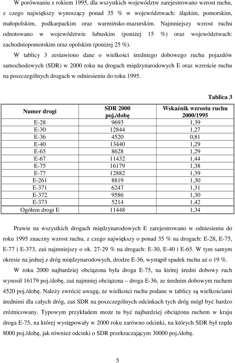 W tablicy 3 zestawiono dane o wielkości średniego dobowego ruchu pojazdów samochodowych (SDR) w 2000 roku na drogach międzynarodowych E oraz wzroście ruchu na poszczególnych drogach w odniesieniu do