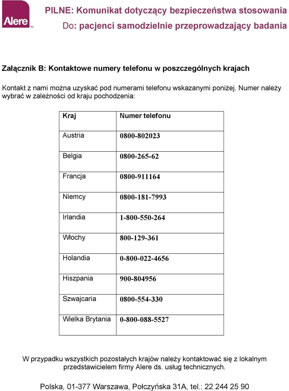 Irlandia 1-800-550-264 Włchy 800-129-361 Hlandia 0-800-022-4656 Hiszpania 900-804956 Szwajcaria 0800-554-330 Wielka Brytania 0-800-088-5527 W