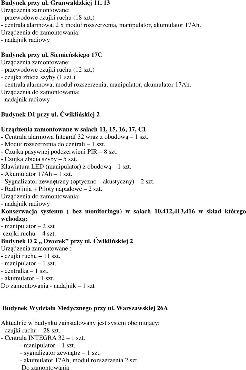 Ćwiklińskiej 2 Urządzenia zamontowane w salach 11, 15, 16, 17, C1 - Centrala alarmowa Integraf 32 wraz z obudową 1 szt. - Moduł rozszerzenia do centrali 1 szt.