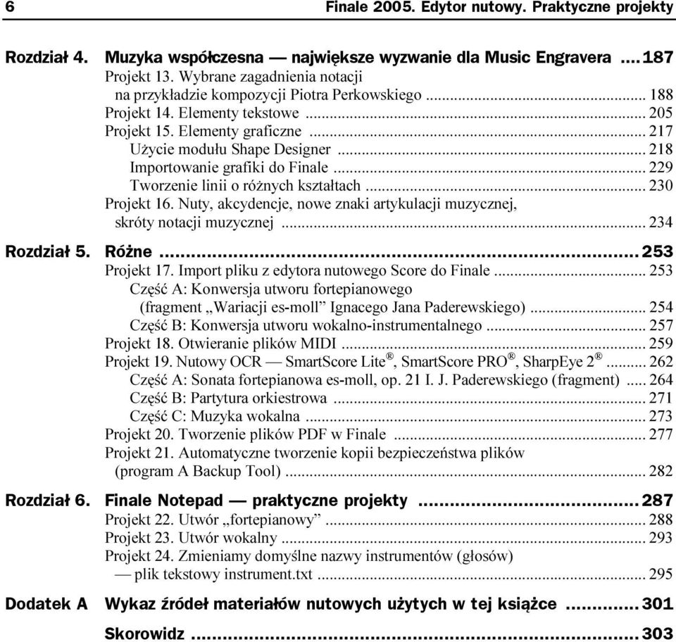 ..c... 229 Tworzenie linii o różnych kształtach...c... 230 Projekt 16. Nuty, akcydencje, nowe znaki artykulacji muzycznej, skróty notacji muzycznej...c... 234 Rozdział 5. Różne... 253 Projekt 17.