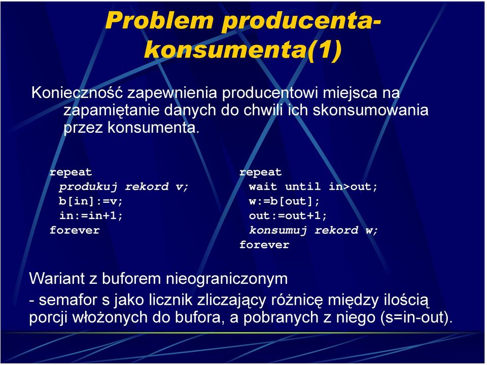 repeat produkuj rekord v; b[in]:=v; in:=in+1; forever repeat wait until in>out; w:=b[out]; out:=out+1;