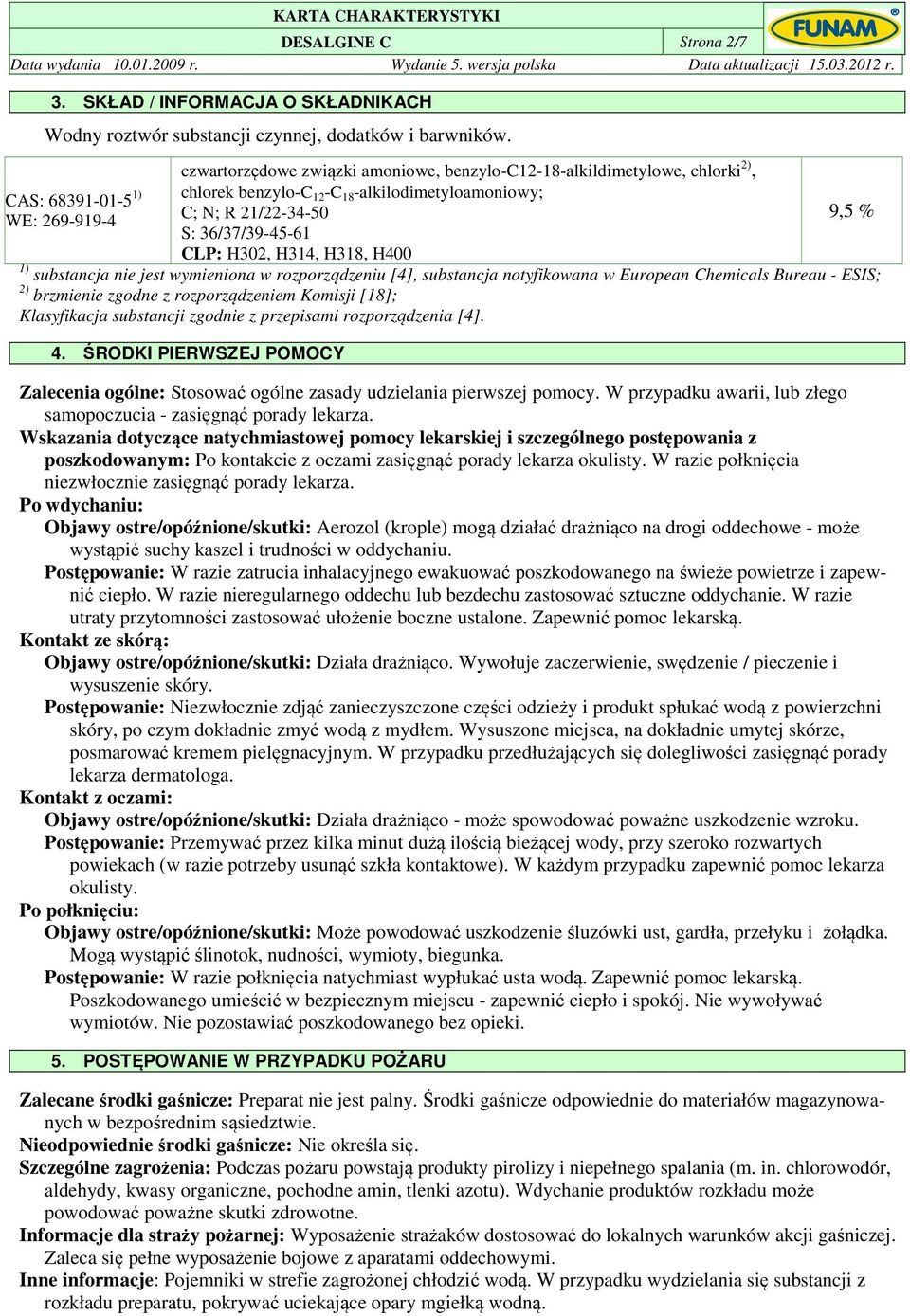 CLP: H302, H314, H318, H400 9,5 % 1) substancja nie jest wymieniona w rozporządzeniu [4], substancja notyfikowana w European Chemicals Bureau - ESIS; 2) brzmienie zgodne z rozporządzeniem Komisji