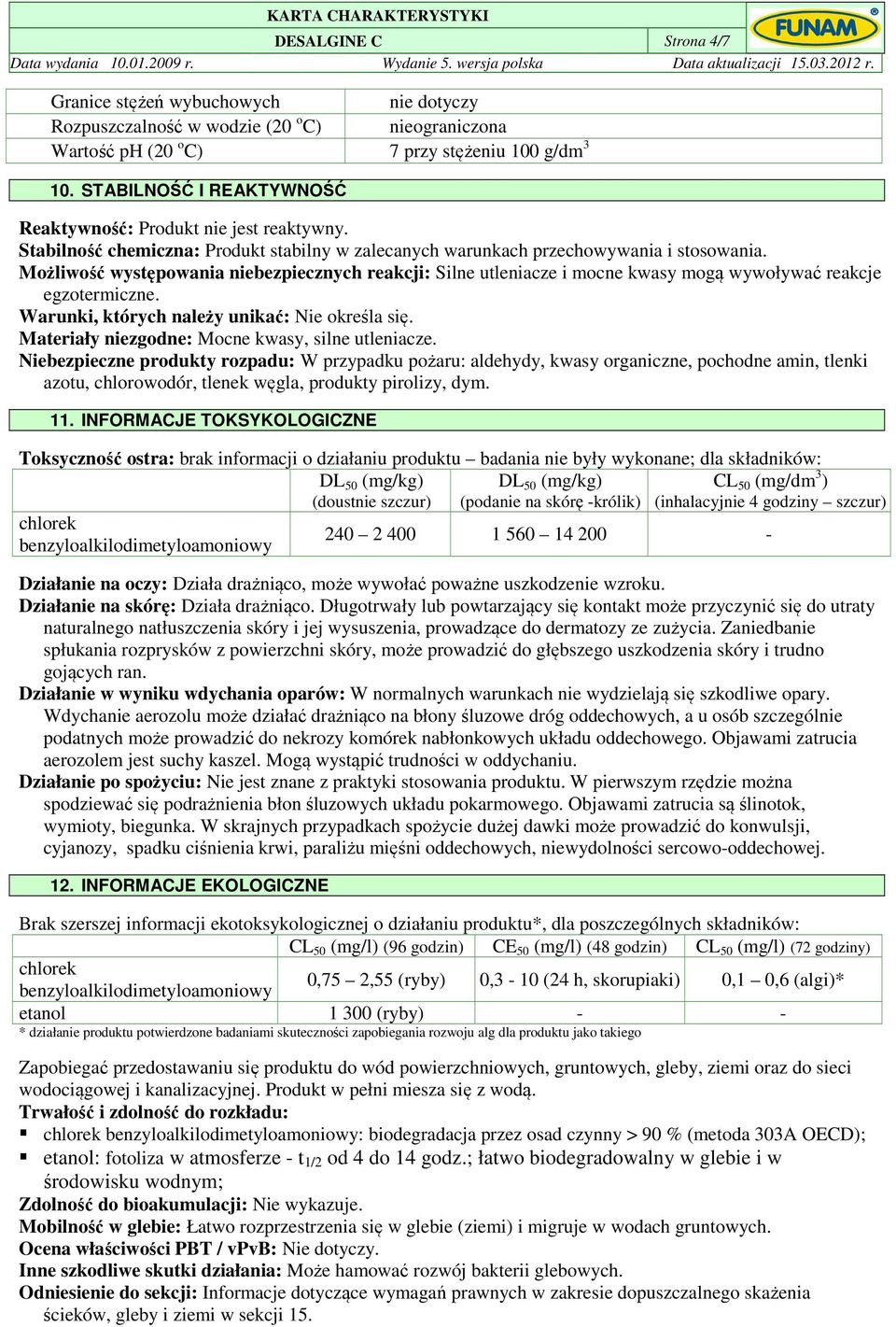 Możliwość występowania niebezpiecznych reakcji: Silne utleniacze i mocne kwasy mogą wywoływać reakcje egzotermiczne. Warunki, których należy unikać: Nie określa się.