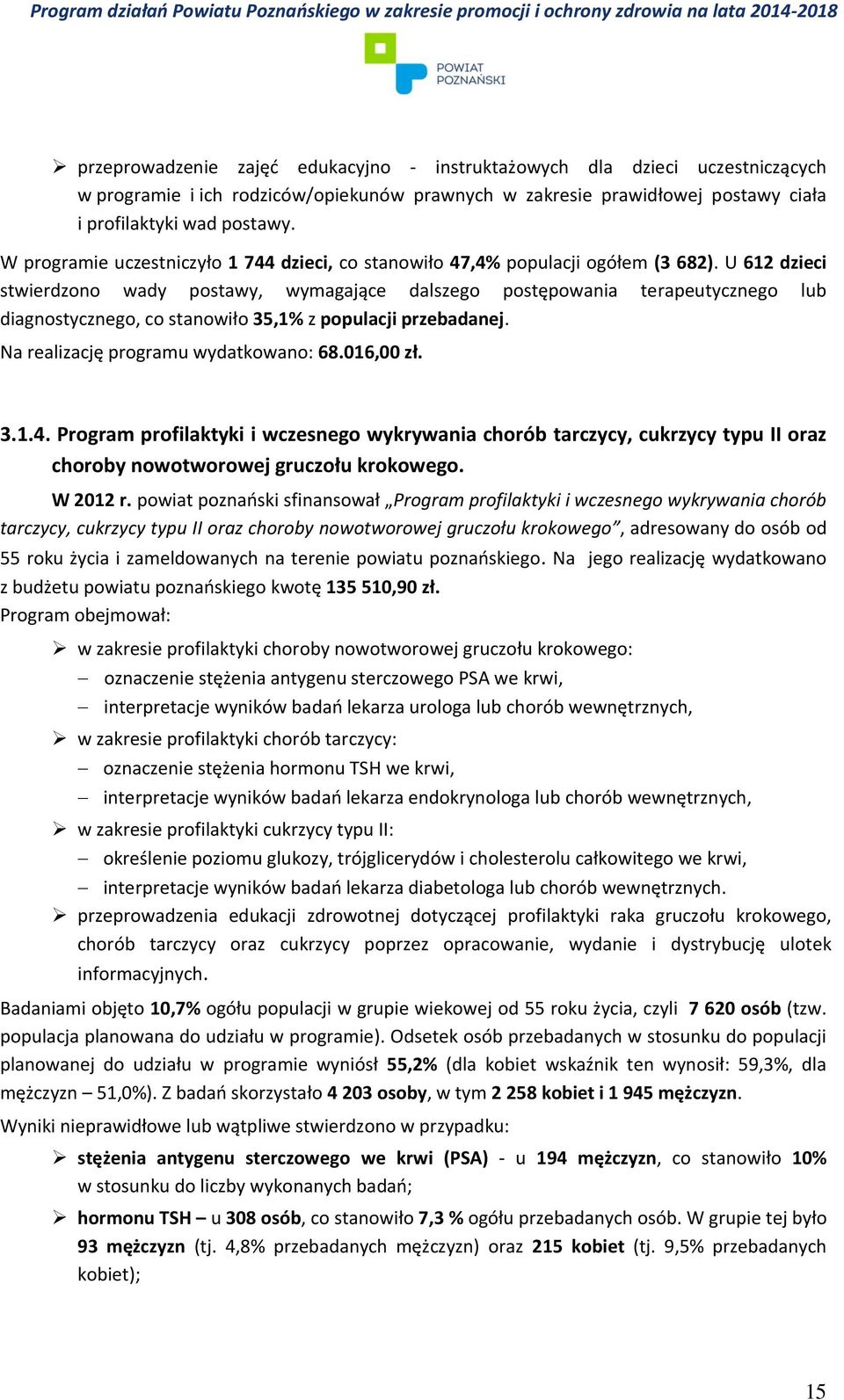 U 612 dzieci stwierdzono wady postawy, wymagające dalszego postępowania terapeutycznego lub diagnostycznego, co stanowiło 35,1% z populacji przebadanej. Na realizację programu wydatkowano: 68.