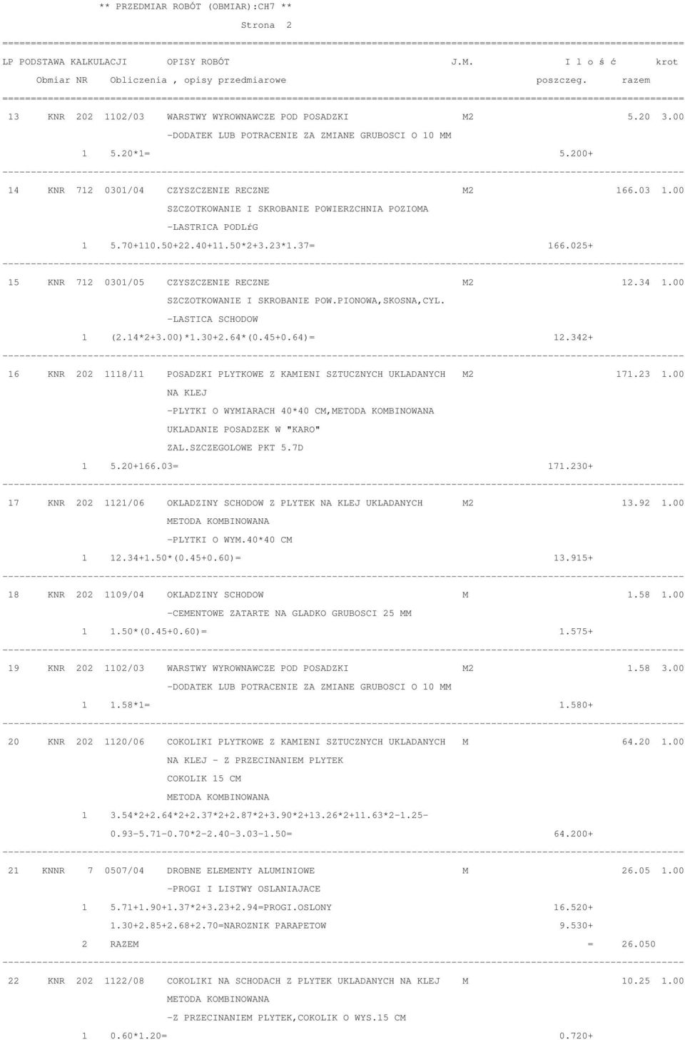 -LASTICA SCHODOW 1 (2.14*2+3.00)*1.30+2.64*(0.45+0.64)= 12.342+ 16 KNR 202 1118/11 POSADZKI PLYTKOWE Z KAMIENI SZTUCZNYCH UKLADANYCH M2 171.23 1.