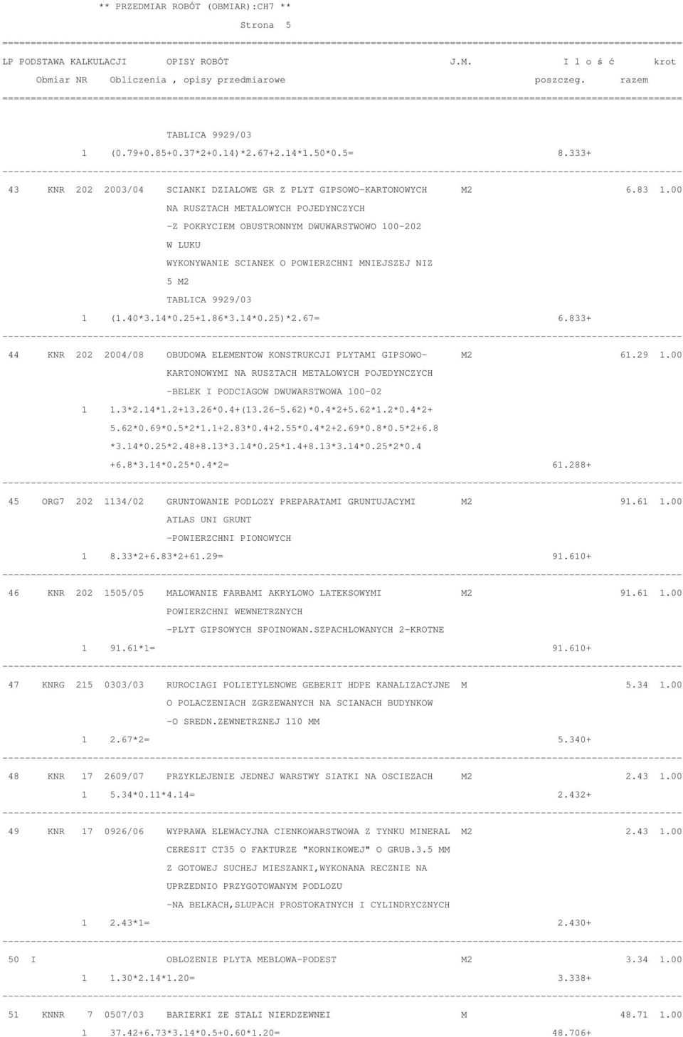 67= 6.833+ 44 KNR 202 2004/08 OBUDOWA ELEMENTOW KONSTRUKCJI PLYTAMI GIPSOWO- M2 61.29 1.00 KARTONOWYMI NA RUSZTACH METALOWYCH POJEDYNCZYCH -BELEK I PODCIAGOW DWUWARSTWOWA 100-02 1 1.3*2.14*1.2+13.