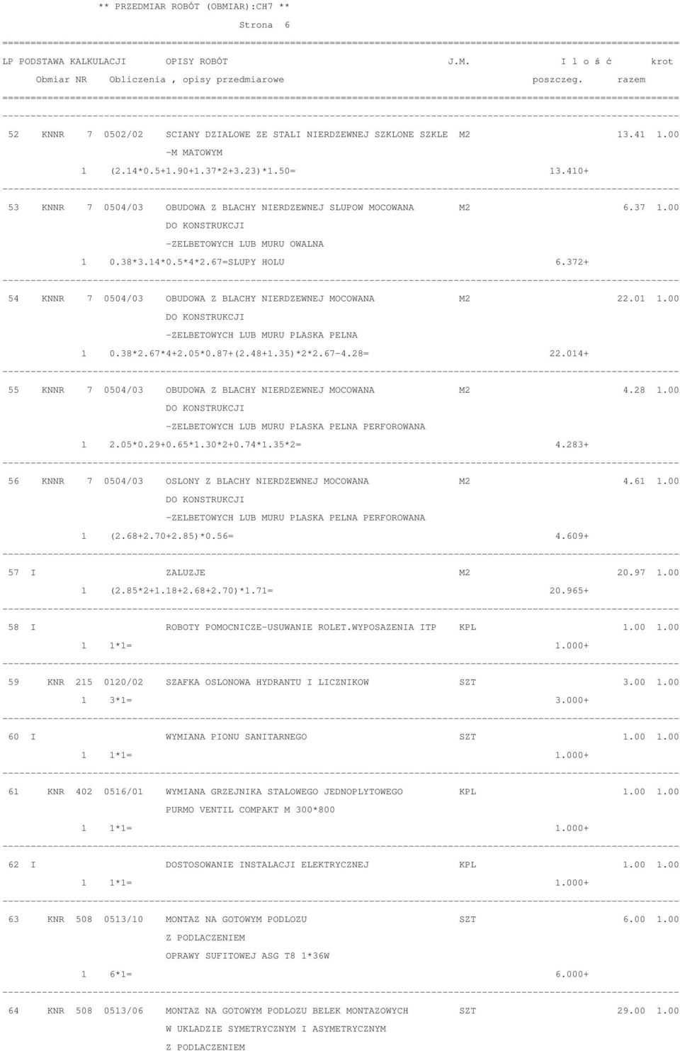 372+ 54 KNNR 7 0504/03 OBUDOWA Z BLACHY NIERDZEWNEJ MOCOWANA M2 22.01 1.00 -ZELBETOWYCH LUB MURU PLASKA PELNA 1 0.38*2.67*4+2.05*0.87+(2.48+1.35)*2*2.67-4.28= 22.
