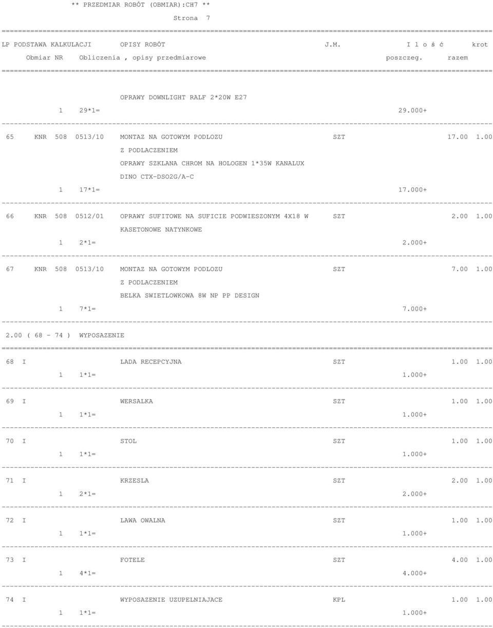 00 KASETONOWE NATYNKOWE 1 2*1= 2.000+ 67 KNR 508 0513/10 MONTAZ NA GOTOWYM PODLOZU SZT 7.00 1.00 BELKA SWIETLOWKOWA 8W NP PP DESIGN 1 7*1= 7.000+ 2.