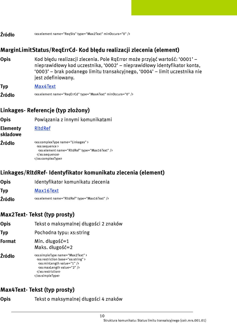 Max4Text <xs:element name="reqerrcd" type="max4text" minoccurs="0" /> Linkages- Referencje (typ złożony) Powiązania z innymi komunikatami RltdRef <xs:complexe name="linkages" > <xs:element