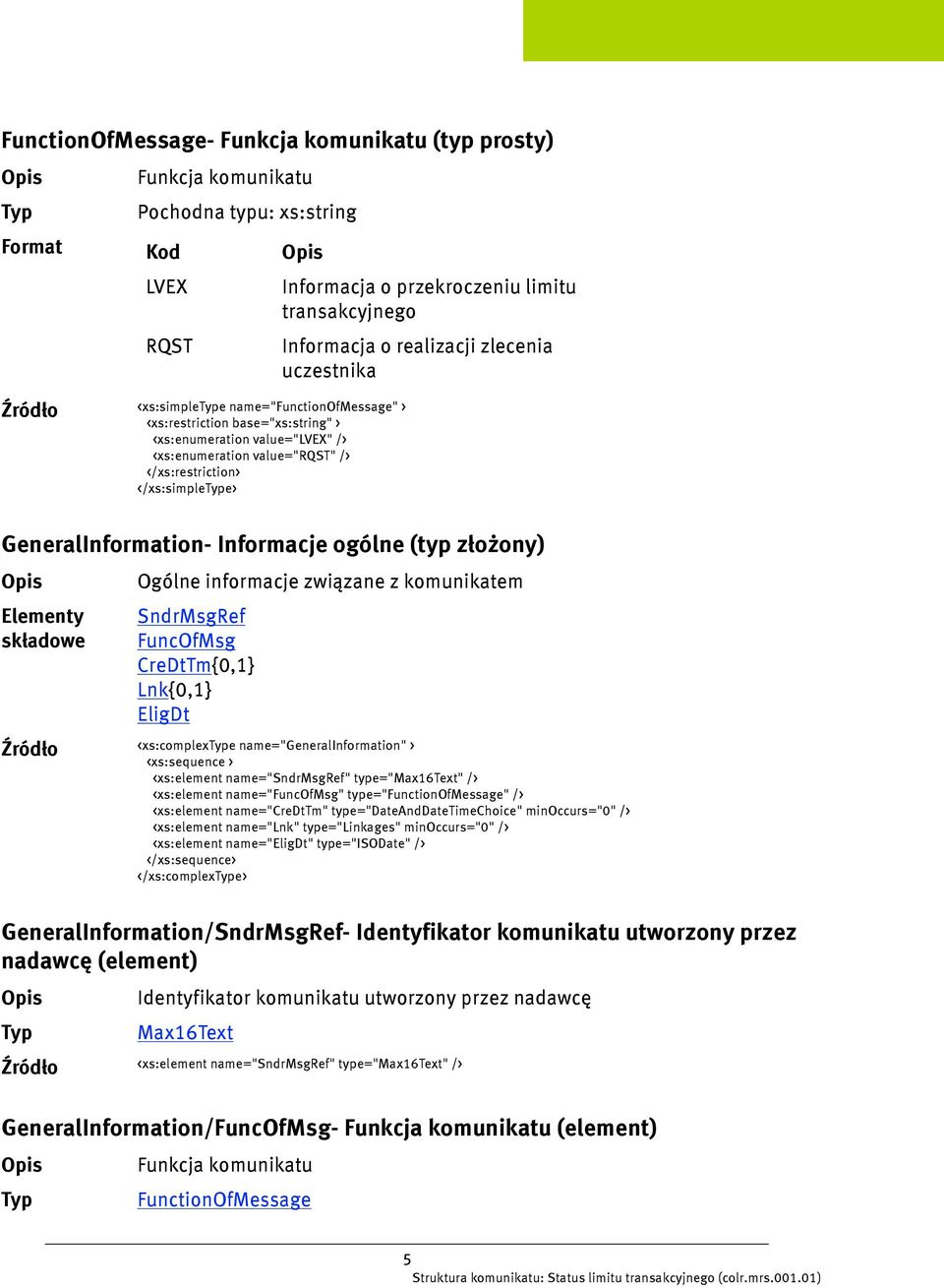 SndrMsgRef FuncOfMsg CreDtTm{0,1} Lnk{0,1} EligDt <xs:complexe name="generalinformation" > <xs:element name="sndrmsgref" type="max16text" /> <xs:element name="funcofmsg" type="functionofmessage" />