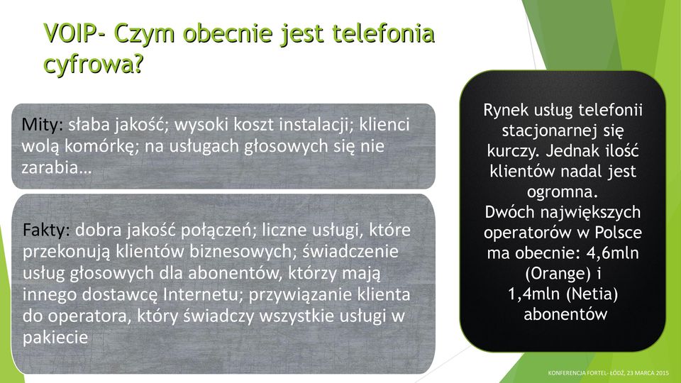 które przekonują klientów biznesowych; świadczenie usług głosowych dla abonentów, którzy mają innego dostawcę Internetu; przywiązanie klienta do