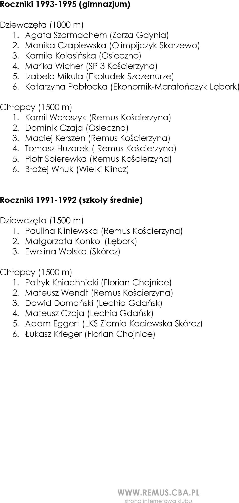 Maciej Kerszen (Remus Kościerzyna) 4. Tomasz Huzarek ( Remus Kościerzyna) 5. Piotr Spierewka (Remus Kościerzyna) 6. BłaŜej Wnuk (Wielki Klincz) Roczniki 1991-1992 (szkoły średnie) (1500 m) 1.