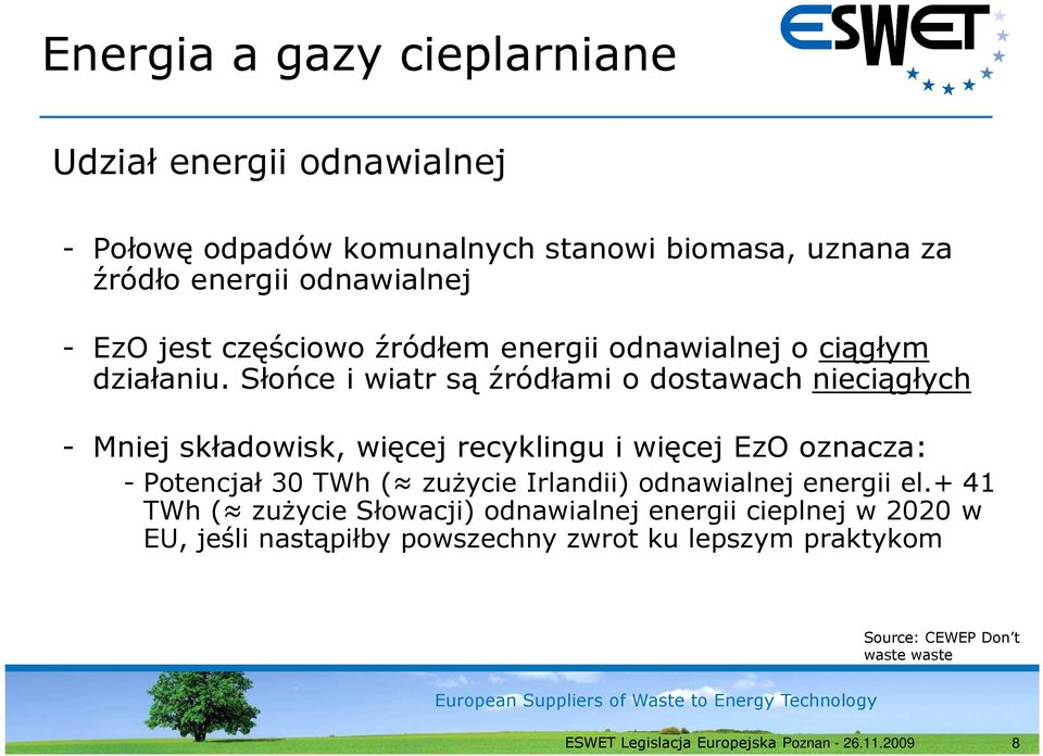 Słońce i wiatr są źródłami o dostawach nieciągłych - Mniej składowisk, więcej recyklingu i więcej EzO oznacza: - Potencjał 30 TWh (