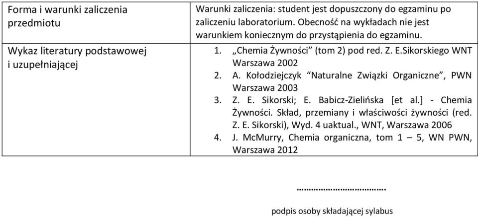 Sikorskiego WNT Warszawa 2002 2. A. Kołodziejczyk Naturalne Związki Organiczne, PWN Warszawa 2003 3. Z. E. Sikorski; E. Babicz-Zielińska [et al.] - Chemia Żywności.