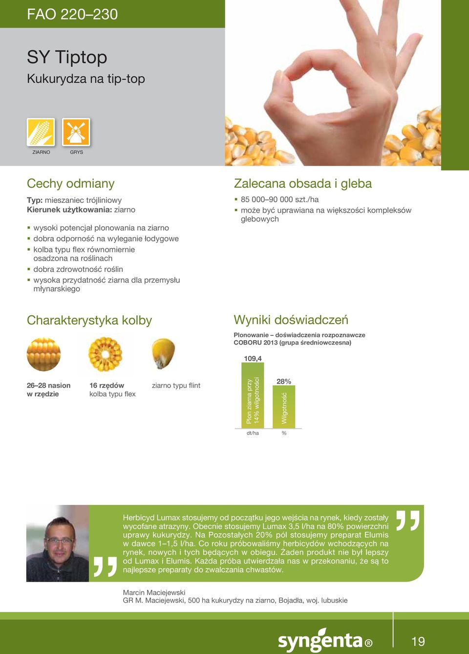 szt./ha może być uprawiana na większości kompleksów glebowych Wyniki doświadczeń Plonowanie doświadczenia rozpoznawcze COBORU 2013 (grupa średniowczesna) 109,4 26 28 nasion w rzędzie 16 rzędów kolba