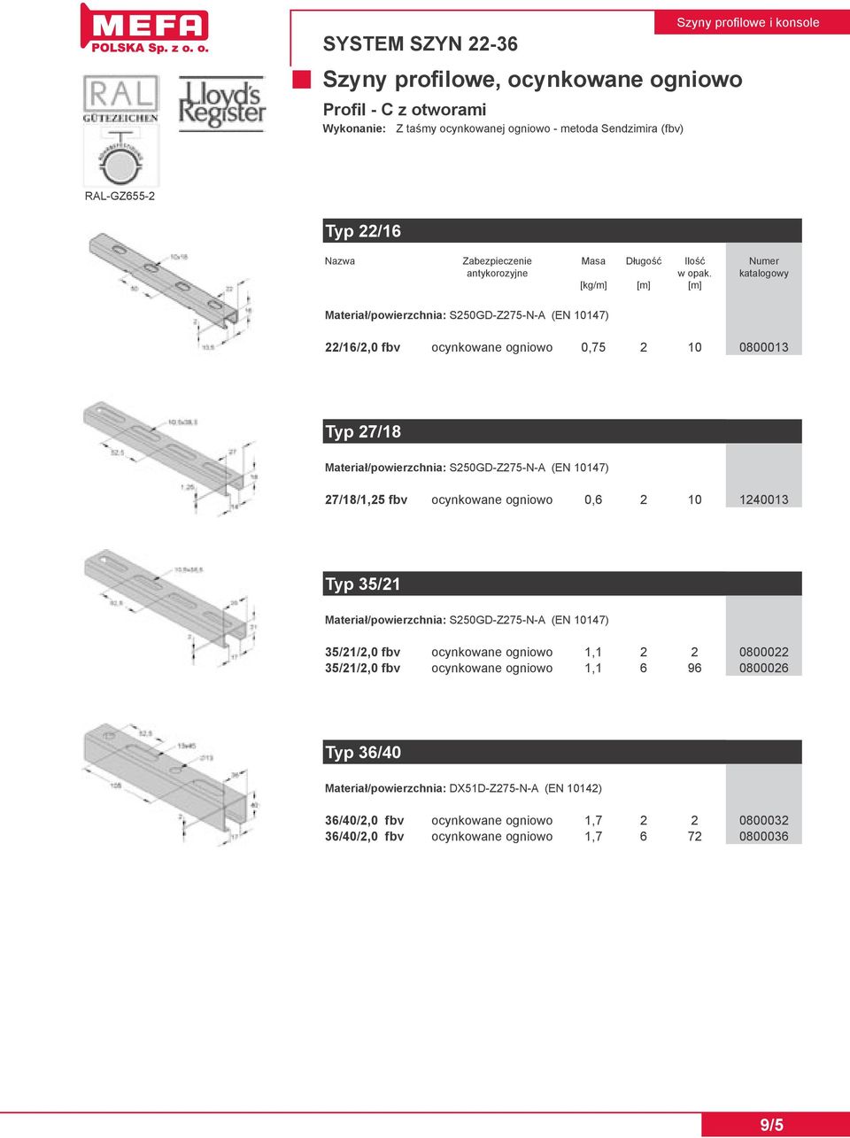 Materiał/powierzchnia: S250GD-Z275-N-A (EN 10147) 27/18/1,25 fbv ocynkowane ogniowo 0,6 2 10 1240013 Typ 35/21 Materiał/powierzchnia: S250GD-Z275-N-A (EN 10147) 35/21/2,0 fbv ocynkowane ogniowo 1,1