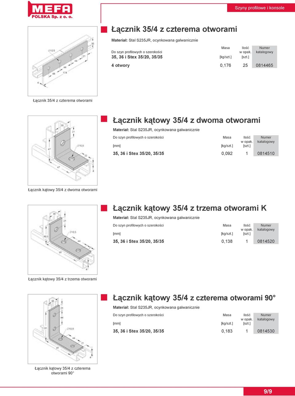 ] 35, 36 i Stex 35/20, 35/35 0,092 1 0814510 Łącznik kątowy 35/4 z dwoma otworami Łącznik kątowy 35/4 z trzema otworami K Do szyn profilowych o szerokości Masa Ilość Numer [mm] [kg/szt.] [szt.