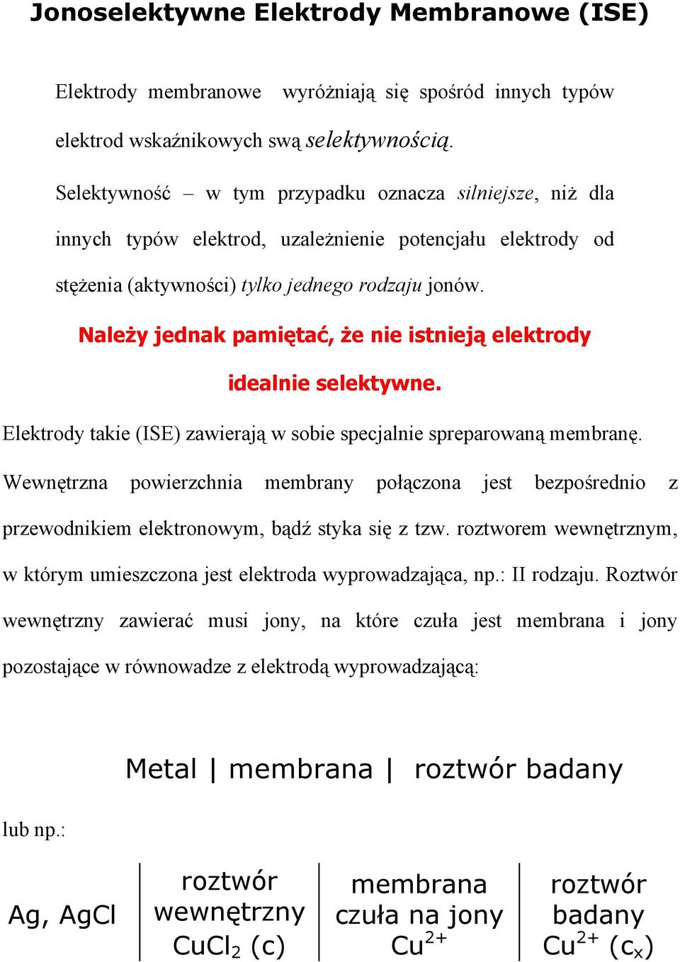 Należy jednak pamiętać, że nie istnieją elektrody idealnie selektywne. Elektrody takie (ISE) zawierają w sobie specjalnie spreparowaną membranę.